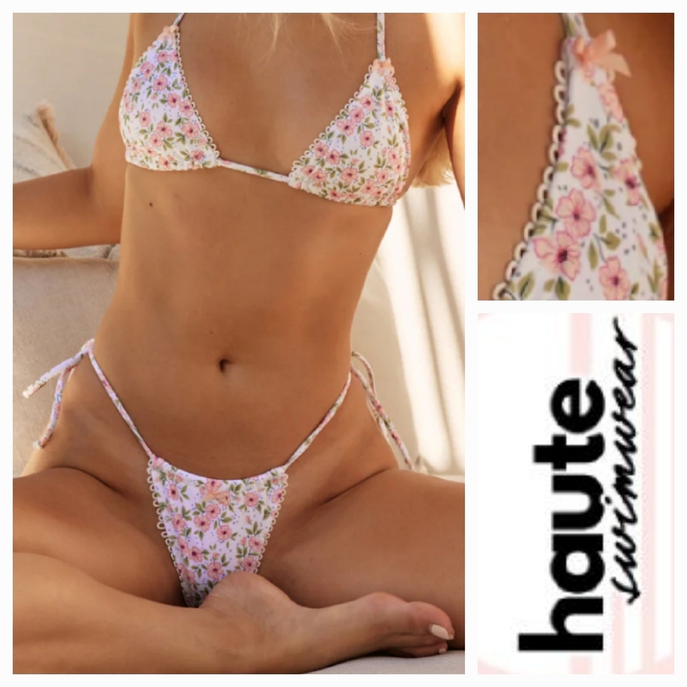 HAUTE swim pink poppies green leaves ribbon bows edging triangle string bikini